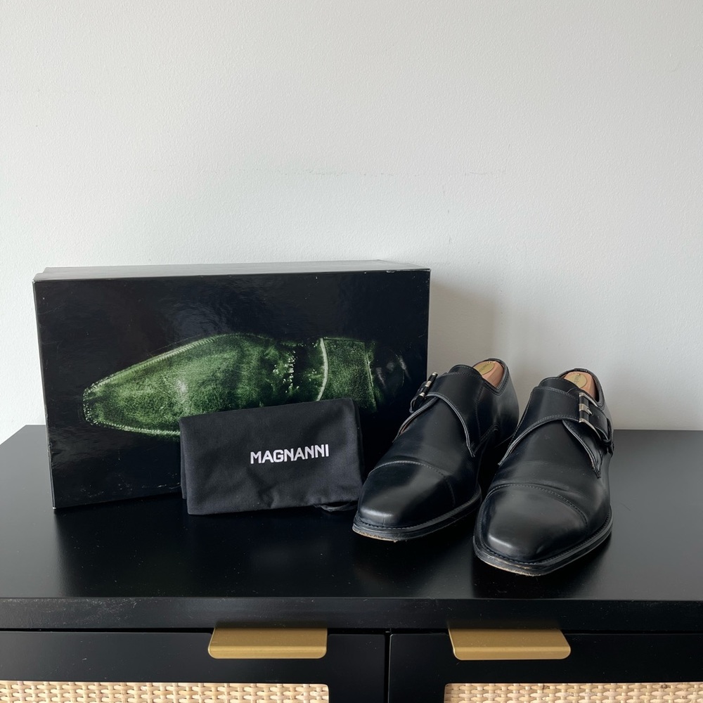 Magnanni Black Leather Lennon Monk Strap Shoes Size 39
